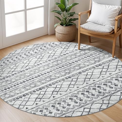 KUTA Boho Round Washable Rugs 5Ft Grey Moroccan Circle Area Rug by KUTA