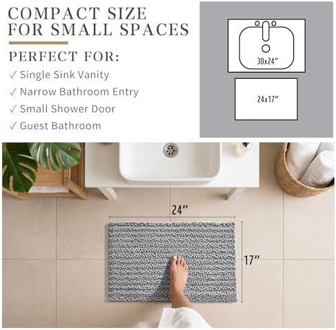 Yimobra Bathroom Rugs Non-Slip Washable – Extra Soft & Absorbent Chenille Bath Mat, Quick-Dry Plush Shaggy Floor & Vanity Bath Rugs for Tub & Shower, Modern Home Decor Accessories, 24 x 17, Grey - Image 2
