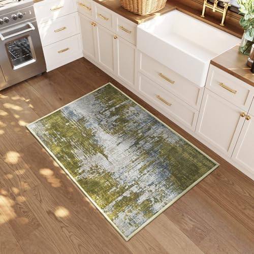 Entrance Rugs Indoor 2x3 Green Entry Rug Washable Abstract Small Area Rug Non-Slip Low Pile Throw Rugs for Entryway, Kitchen Floor, Front Door Indoor Door Mat, Bedroom Bedside - Image 2