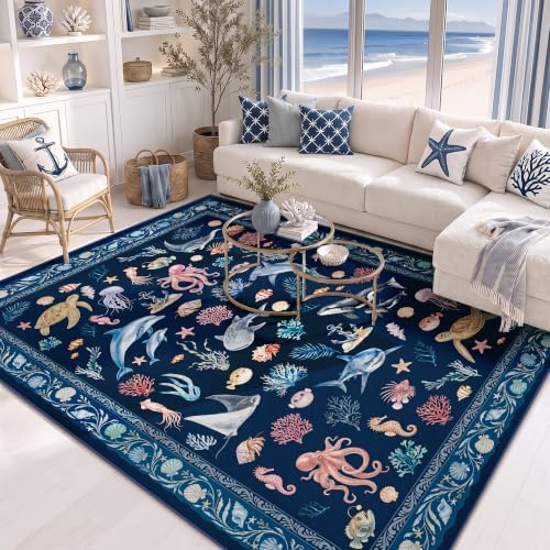 Arenarug 5x7 Washable Living Room Area Rug, Coastal Ocean Rug, Deep Navy - Image 2