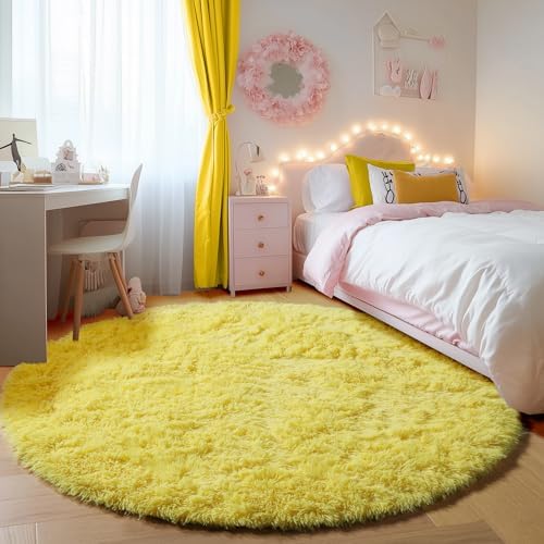 Yellow Fluffy Round Rug Circle Area Rugs 4ft for Girls Kids Teen Bedroom - Image 3