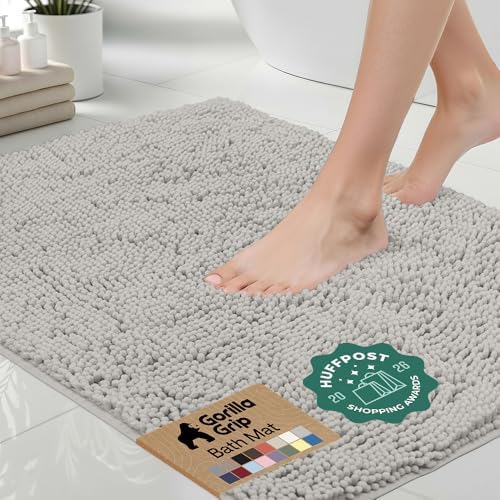 GORILLA GRIP Bath Rug Mat for Bathroom, Absorbent Chenille 48x24 Light Gray by GorillaGrip