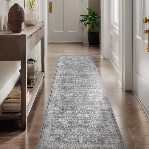 Grey 2x6 Runner Rug for Hallways Entryway, Vintage Neutral Kitchen Bathroom Runner 6ft, Non Slip Washable Low Pile Thin Carpet Runner for Mudroom/Laundry Room/Bedroom Bedside by Jainmy