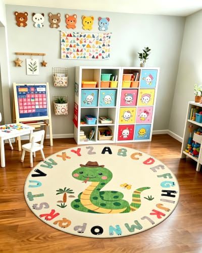 TWINNIS Kids Animal Print Round Rug for Playroom, Alphabet Washable Area Rugs for Boy Girl Baby Toddler Children, 5x5 Cute ABC Mat Play Carpet Nursery Bedroom Decor, Snake - Image 3