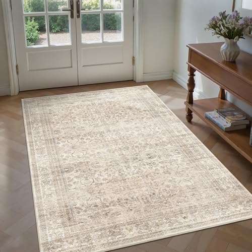 Schweek 3x5 Washable Area Rugs Vintage Floral Non Slip Entryway Rug Beige by Schweek