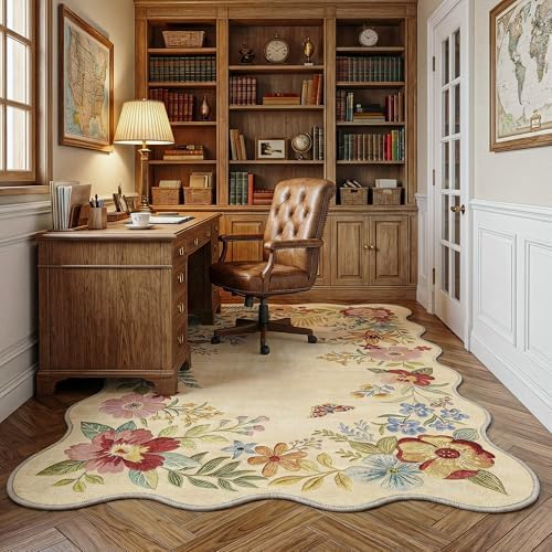 FMFUNCTEX 4x6 Washable Beige Floral Vintage Scalloped Area Rug for Entryway - Image 2