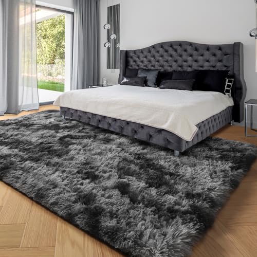 Abstract Rugs for Living Room Kids Room 5x8 Ft, Fluffy Shaggy Tie-Dyed Grey - Image 5