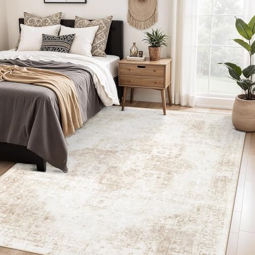 Area Rug 5x7 Washable Rug, Vintage Boho Medallion Rugs Non-Slip Soft Low Pile Large Distressed Rug Indoor Retro Carpet for Living Room Bedroom Dining Room Home Office (Beige, 5'x7') - Image 2