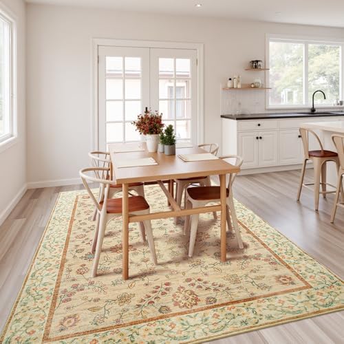 Goideal Beige Rug for Girls Room, 8x10 Floral Washable Area Rug Non Slip, Boho Low Pile Carpet with Rubber Backing for Bedroom Living Room Bathroom Playroom Nursery Office - Image 4