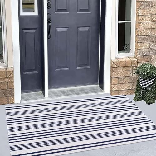 Blue and White Outdoor Rug 24"x51"Fall Woven Striped Front Porch Rug - Image 5