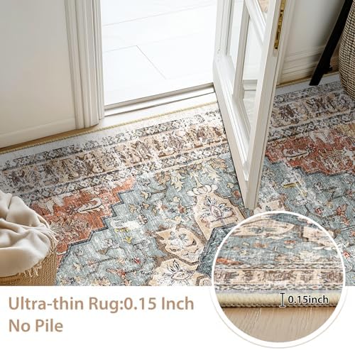 BESTSWEETIE 3x5 Area Rug Washable Rugs for Living Room, No Pile Boho Carpet for Entryway Bedroom Dinning Room, Vintage Carpet Print Distressed Non-Slip, 3 x 5 ft, Green Brick Rust Red - Image 3