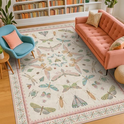Hazo Haus Butterfly Area Rugs 5x7 for Baby Nursery, Cute Light Pink Rugs for Bedroom Girls, Living Room, Kids Room Playroom Reading Corner, Washable Ultra Soft Stain Resistant Floral Floor Decor - Image 3