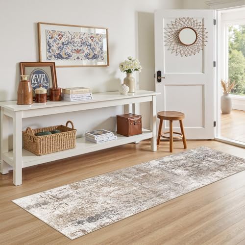 UERMEI 2x6 Washable Runner Rug for Hallway, Non Slip Low Pile Kitchen Carpet, Neutral Modern Abstract Indoor Floor Mat for Entryway Laundry, Kid & Pet Safe High Traffic Area, Brown/Grey/Red - Image 3