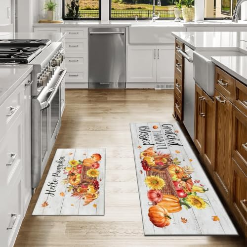 Fall Kitchen Rugs Set of 2,Fall Entrance Door Mats Wood Grain Pumpkin Non Slip Kitchen Rug,Washable Anti Fatigue Mat,Kitchen Floor Washable Runner Rug,Autumn Thanksgiving Kitchen Laundry 17x30+17x47In - Image 2