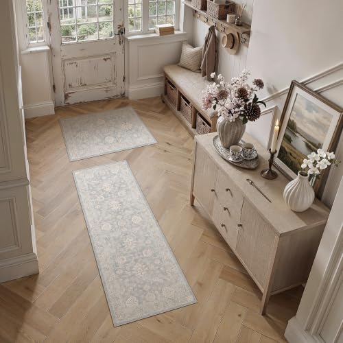 2 Piece Blue Cream Neutral Floral Kitchen Rug Set - Image 2