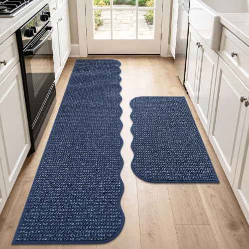 BEQHAUSE Kitchen Rugs Set of 2 Scalloped Edge, 17x30+17x72 in, Blue by BEQHAUSE