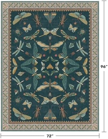 Vintage Teal Area Rugs for Living Room 6x8 - Floral & Butterfly Pattern Dining Rug, Low Pile Soft Bedroom Carpet, Washable Non Skid Rubber Backed, Forest Funky Home Décor - Image 2
