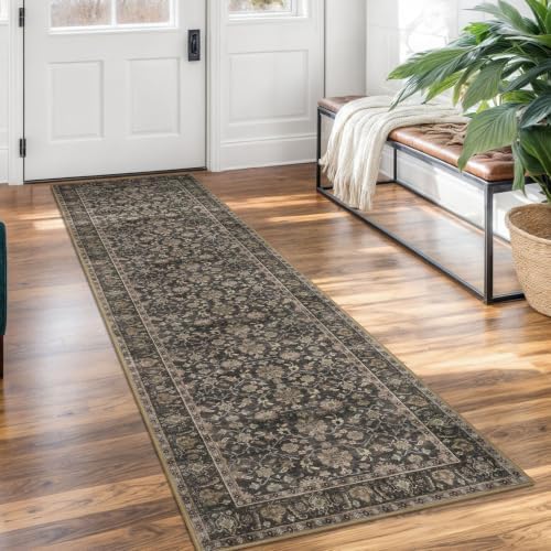 KUTA Vintage Floral Washable Runner Rug 2x7 Brown Runners for Hallways by KUTA
