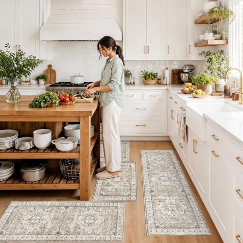 4 Piece Kitchen Rug Set Non-Slip: Washable Boho Kitchen Mats for Floor Soft Low Pile Carpet Runner for Sink,Entryway,Hallway - Vintage Thin Small Throw Rugs for Bathroom(Beige/Brown,2x3+2x4+2x5+2x6) - Image 3