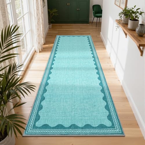 GarveeHome Scalloped Teal 2x6 Runner Rug for Hallway Washable Kitchen Rugs Non Slip Solid Modern Soft Low-Pile Indoor Carpet for Entryway Laundry Room Floor Mats TPE Backing - Image 2