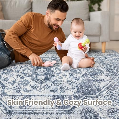 cotiled 5x7 Area Rug for Living Room, Washable, Traditional, Distressed Blue - Image 3