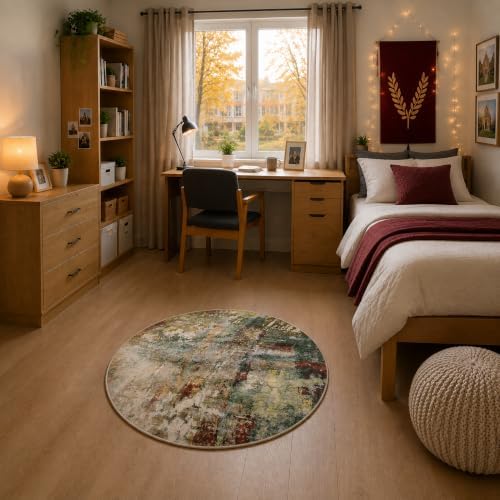 Lahome Modern Abstract Round Rug - 3Ft Small Red Washable Kitchen Round Area Rug Bedroom Circle Mat, Soft Low Pile Non Slip Indoor Throw Carpet for Cabinet Bathroom Living Room Office by Lahome