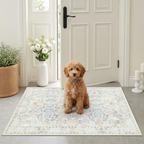 White Ivory Washable Entry Rug 2x3 Small Rugs- Front Door Throw Rugs Indoor, Non-Slip Bathroom Mat, Vintage Floral Thin Rug Stain Resistance for Kitchen, Laundry, Boho Entryway Décor by SparkleGaze