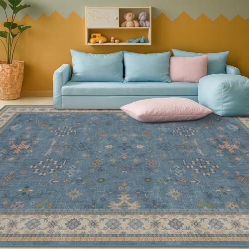 Boho 6x8 Living Room Rugs - Modern Blue Dining Room Rug for Under Table, Lightweight Washable Foldable Low Pile Soft Carpet, Eclectic Floral Bedroom Décor Aesthetic - Image 3