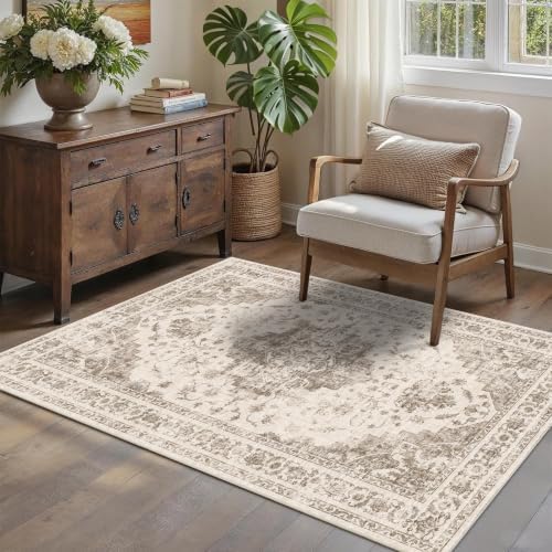 4x6 Washable Bedroom Area Rug Non-Slip Medallion Taupe Throw Carpet by HOME
