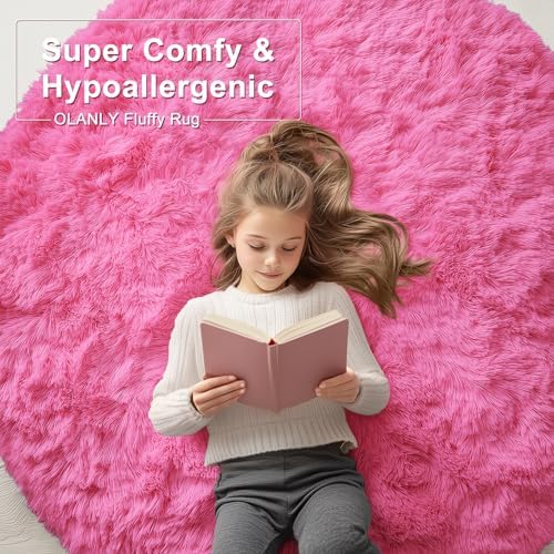 OLANLY Hot Pink Round Rugs for Bedroom - Machine Washable, 7 ft Circle Area Rugs for Living Room, Soft and Fluffy Shaggy Carpet for Teen Girls and Boys, Nursery Rooms, Dorms, Home Decor Aesthetic - Image 5