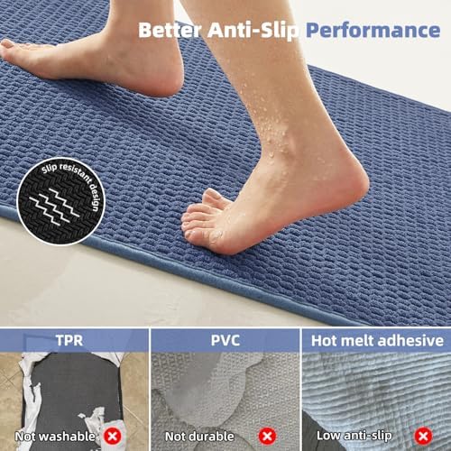 TYUU Bathroom Rugs Non Slip Washable, Super Absorbent Thin Bath Mat Quick Dry Low Pile Bathroom Rug, Denim Blue 20"x48" - Image 4