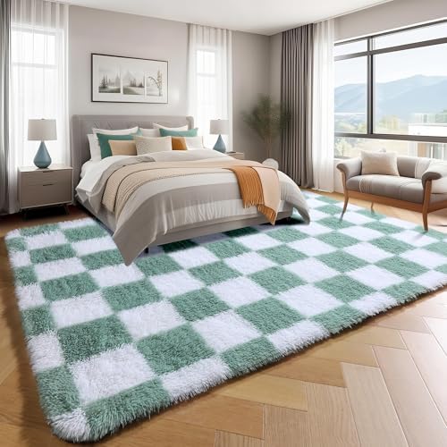 KICMOR Living Room Rugs 5x8 Fluffy Soft Sage Green and White Checkered - Image 3