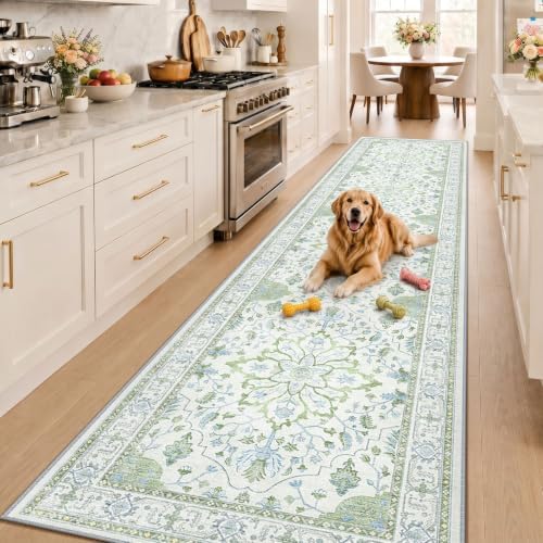 RELEANY Washable Area Rug, Runner 3'x12', Green/White/Blue by RELEANY