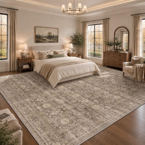 JOOJA 10x12 Neutral Tan Vintage Moody Non Slip Washable Boho Retro Area Rug - Image 3