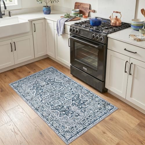 KUTA Entryway Rugs Indoor Vintage Floral Washable Small Area Rug 2x4 Blue - Image 2