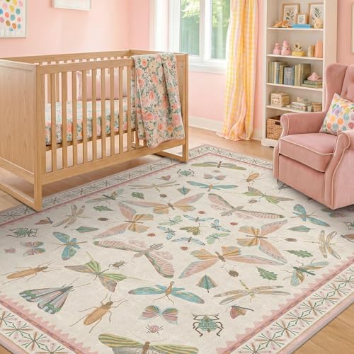 Hazo Haus Butterfly Area Rugs 5x7 for Baby Nursery, Cute Light Pink Rugs for Bedroom Girls, Living Room, Kids Room Playroom Reading Corner, Washable Ultra Soft Stain Resistant Floral Floor Decor by HazoHaus