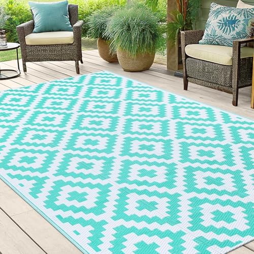 Smiry Outdoor Rug 5x8 ft Waterproof Reversible Boho Mat, White & Teal - Image 6