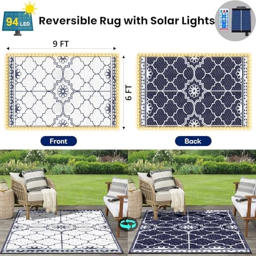 6x9Ft Outdoor Rug, Solar Powered Outdoor Rug with 94LEDs Strip Lights for House Deck, Waterproof Plastic Reversible Outdoor Straw Rugs, Rugs Mat RV Camping Patio Beach Balcony Picnic (Blue White) - Image 2