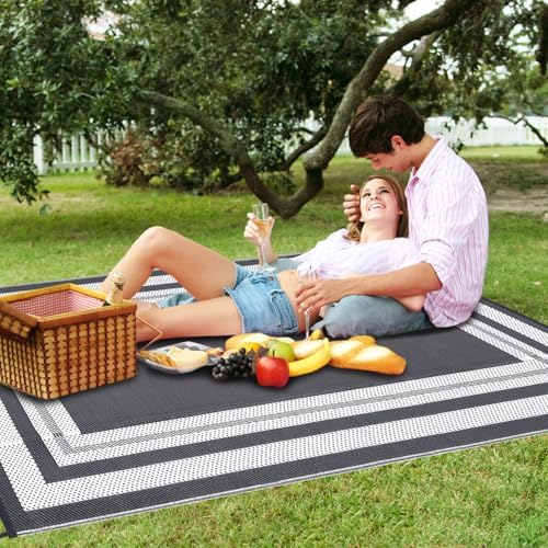GAOMON Outdoor Rug 10x14 Large Rug Outdoor Plastic Straw Rugs Easy Clean Waterproof Reversible Mat Lightweight Camping Rugs for Patio Porch RV Backyard Pool Deck Picnic Beach Trailer Border-Grey/White - Image 5