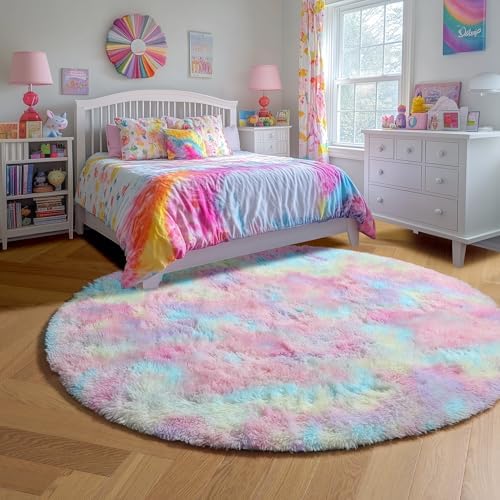 Amdrebio Rainbow Big Round Furry Area Rug 7Ft for Living Room Girls Bedroom - Image 5