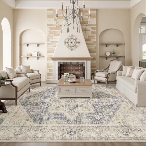 Vintage 9x12 Rugs for Living Room Washable Area Rug Blue Beige - Image 2