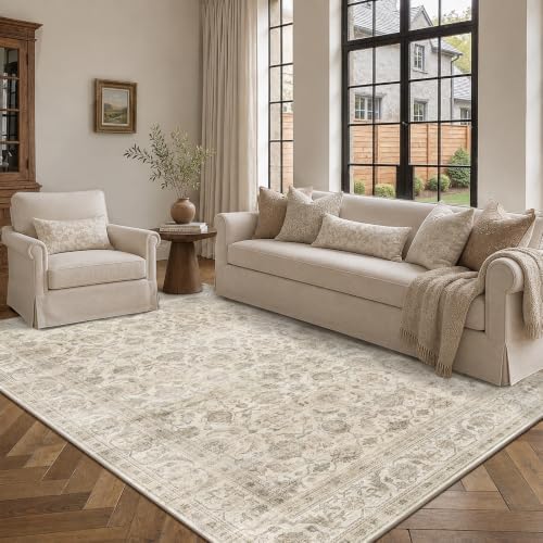 JOOJA 5x8 Beige Neutral Vintage Washable Area Rug, Low Pile Living Room Rug - Image 3