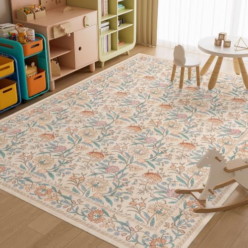 DUKINO 9x12 Area Rug for Living Room, Vintage Floral Washable Rug, Beige - Image 5