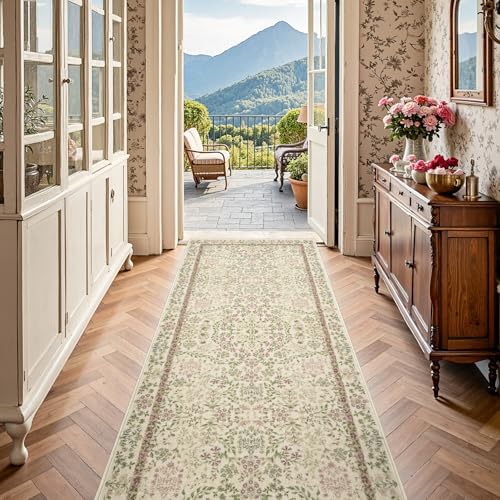 jinchan 3x8 Washable Hallway Runner Rug, Floral Non-Slip, Pastoral Green - Image 2