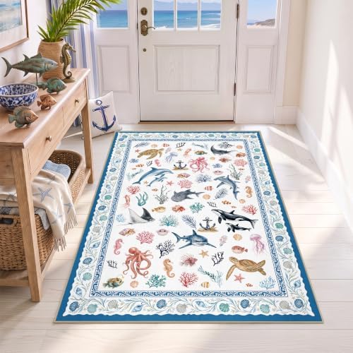 Arenarug Coastal Area Rug 3x5 Washable Ocean Beach Bedroom Rug, Ivory Blue by ArenaRug