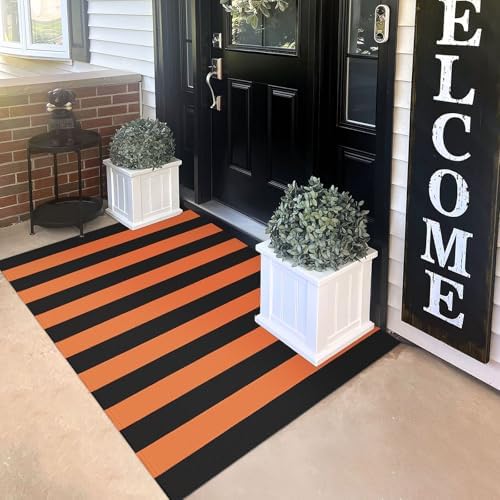KILOCOCO 3x5 ft Fall Orange Rugs Woven Striped Halloween Front Door Mat by Kilococo