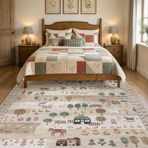 Machine Washable Area Rug 6x9, Soft Whimsical Rug, Vintage Farmhouse Beige - Image 6