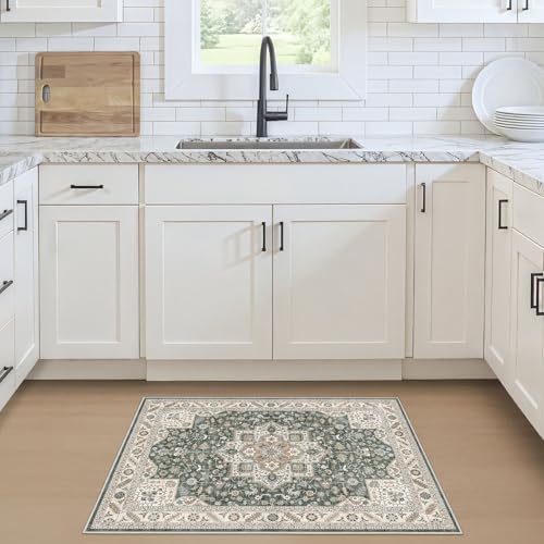 Vintage Entryway Area Rug 2x3 - Large Soft Washable Oriental Traditional Distressed Farmhouse Rugs for Bedroom - Indoor Floor Accent Carpet for Home Office House Decor - Vintage Green - Image 2