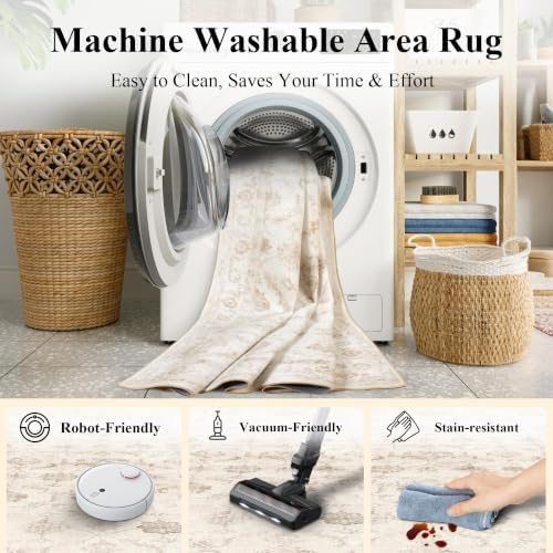 Washable 2x3 Entryway Area Rug Non-Slip Distressed Beige Throw Carpet - Image 5