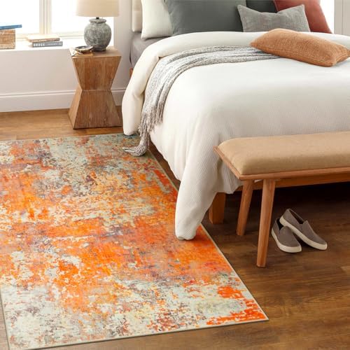 Lahome Modern Abstract Area Rug - Soft 3x5 Rugs for Bedroom Washable Living Room Entryway Rug, Contemporary Non Slip Indoor Accent Carpet for Nursery Office Kitchen Bathroom, Orange/Yellow - Image 3